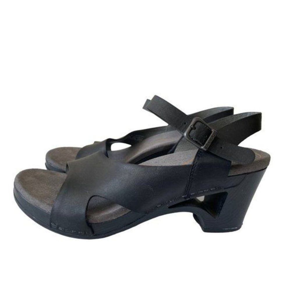 Dansko Women's Tasha Black Leather Strappy Heel Clog Sandals